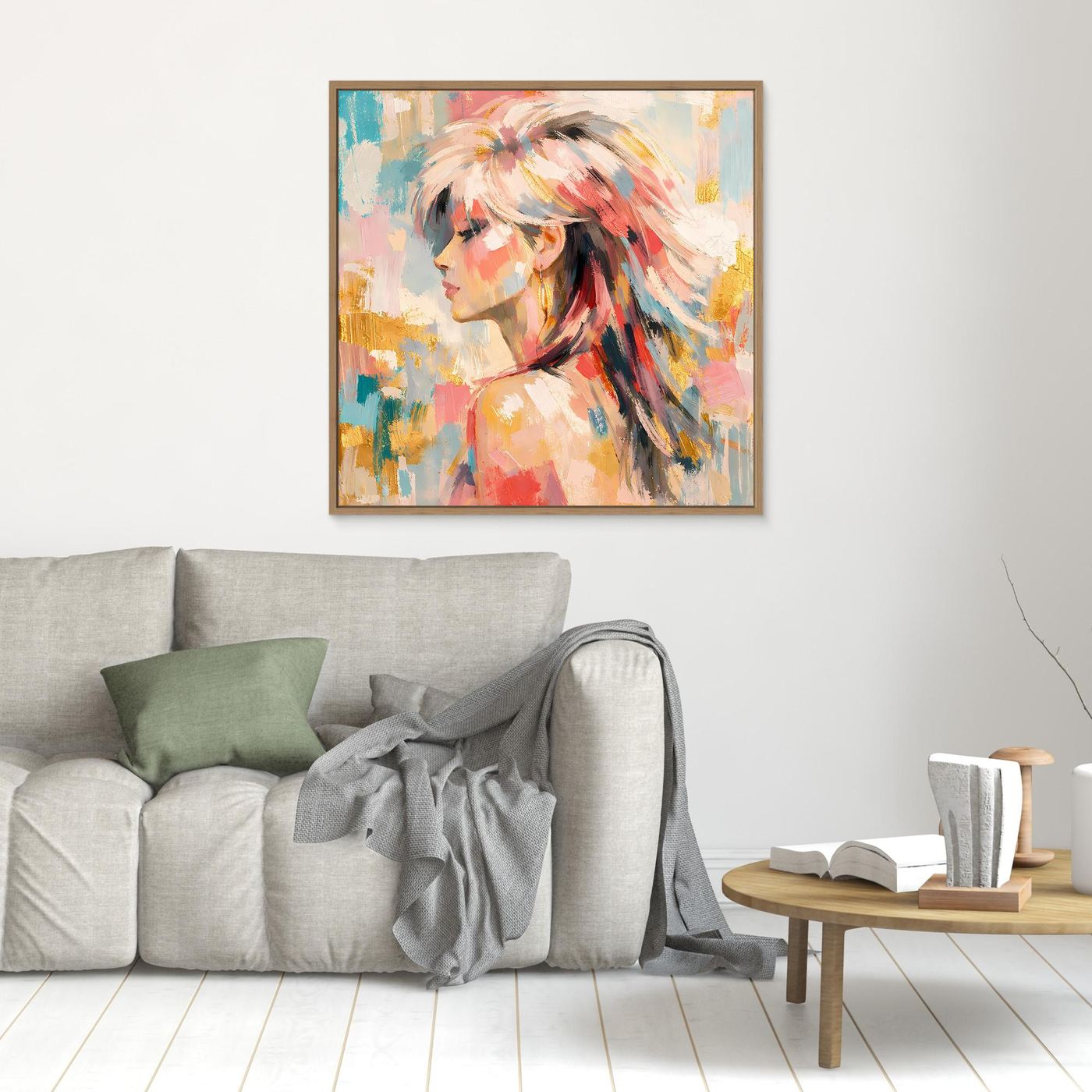 Leinwandbild mit abstraktem Frauenportrait, pastellfarben, braun gerahmt