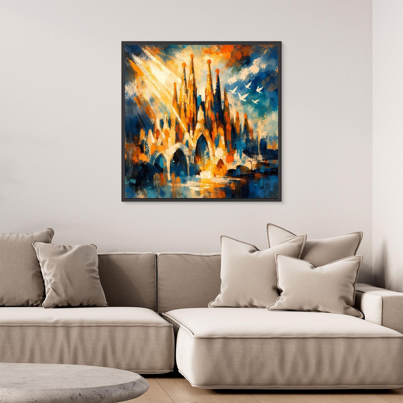 Abstraktes Leinwandbild mit schwarzem Rahmen, Architekturmotiv mit Türmen in Blau, Orange und Gelb.