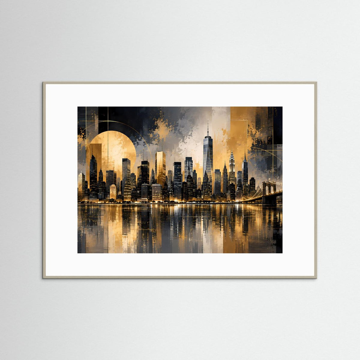 Wandposter im Querformat mit New-York-Skyline in Schwarz und Gold, weißer Rahmen
