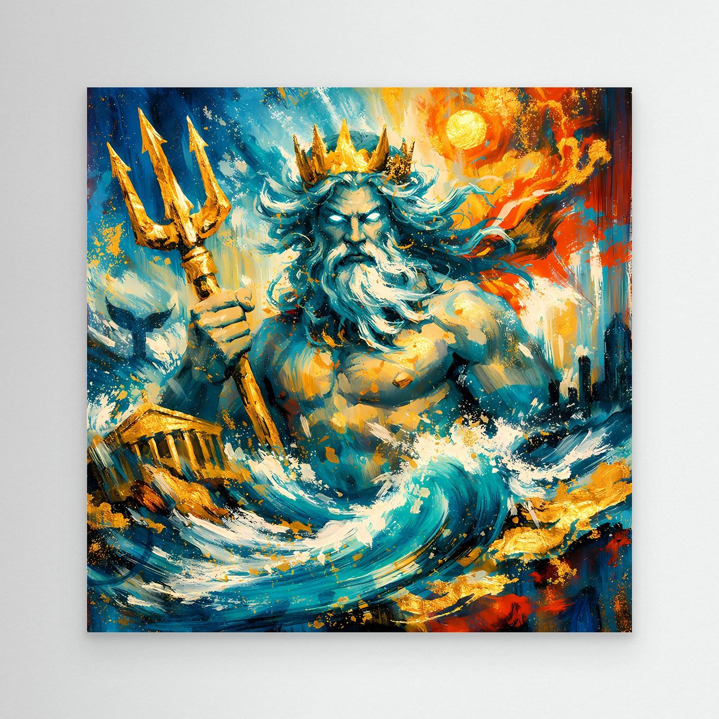 Leinwandbild mit Poseidon-Gestalt, goldenen Speeren und Meerwellen in Blau und Orange