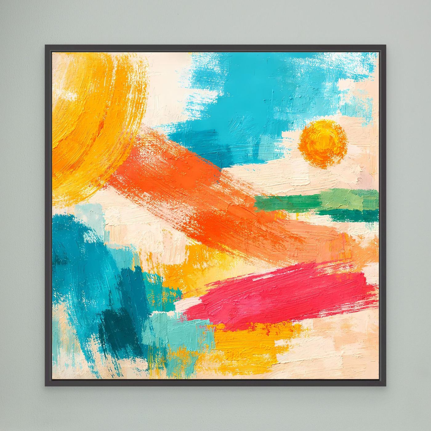 Abstract canvas wall art with blue, orange, red and yellow brushstrokes; black frame