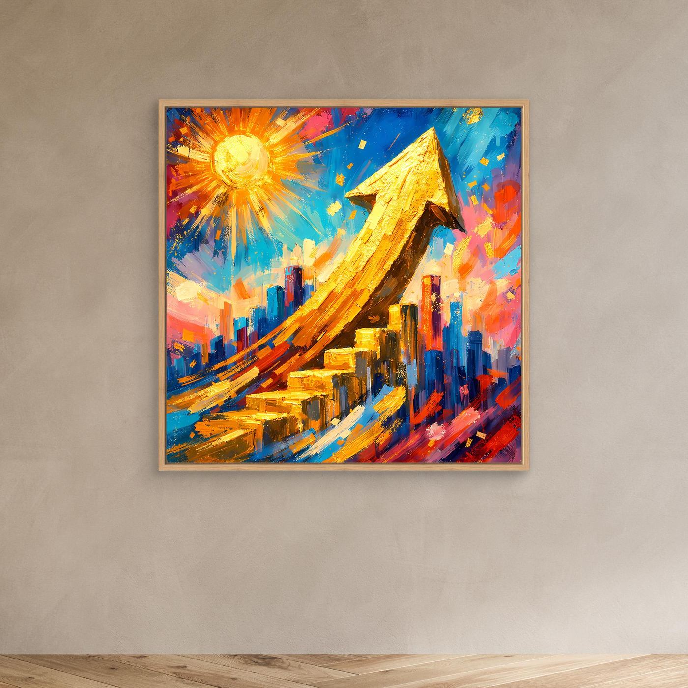 Leinwandbild im Eichenrahmen: abstrakte Skyline, goldenem Pfeil und bunte Pop-Art Details