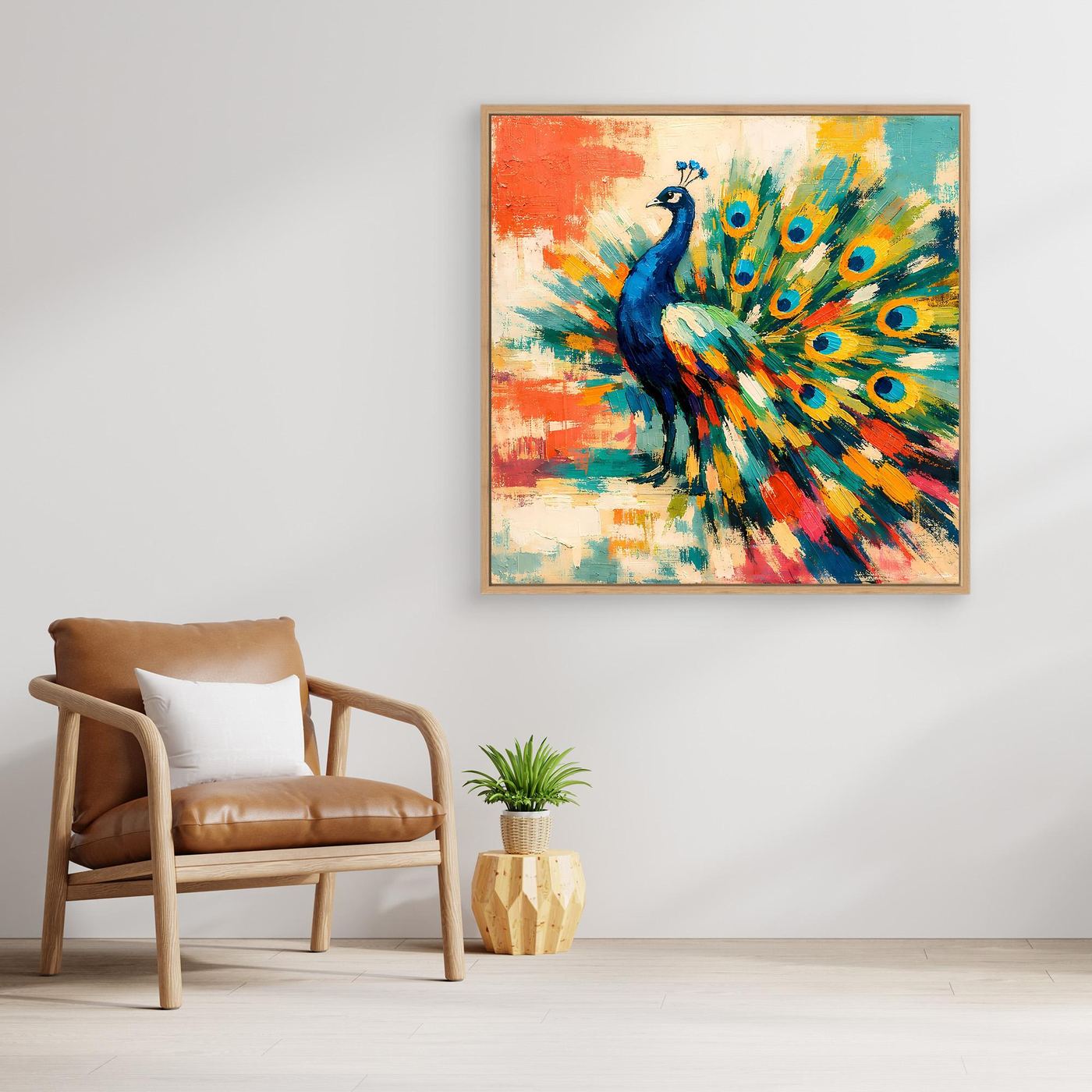 Peacock abstract canvas wall art with vibrant feather fan, square framed artwork