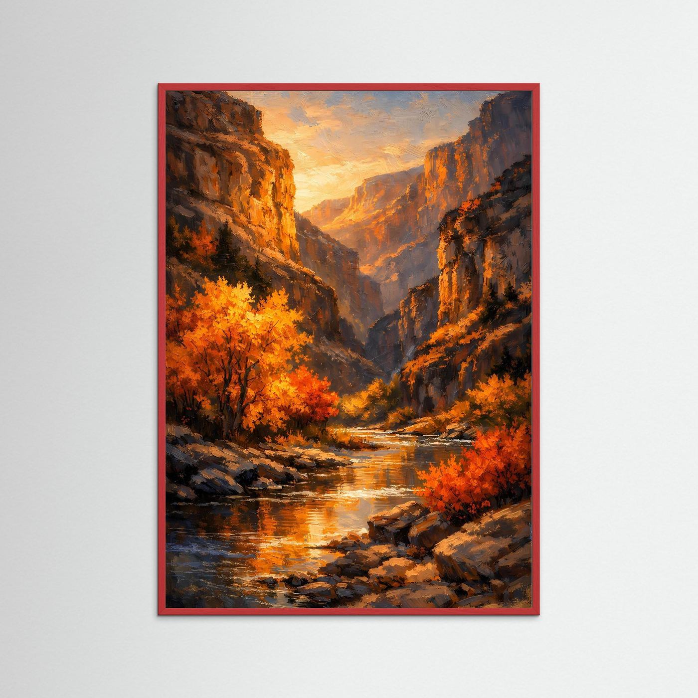 Wandbild mit Canyonlandschaft, Herbstbäumen und Fluss im Sonnenuntergang, roter Rahmen