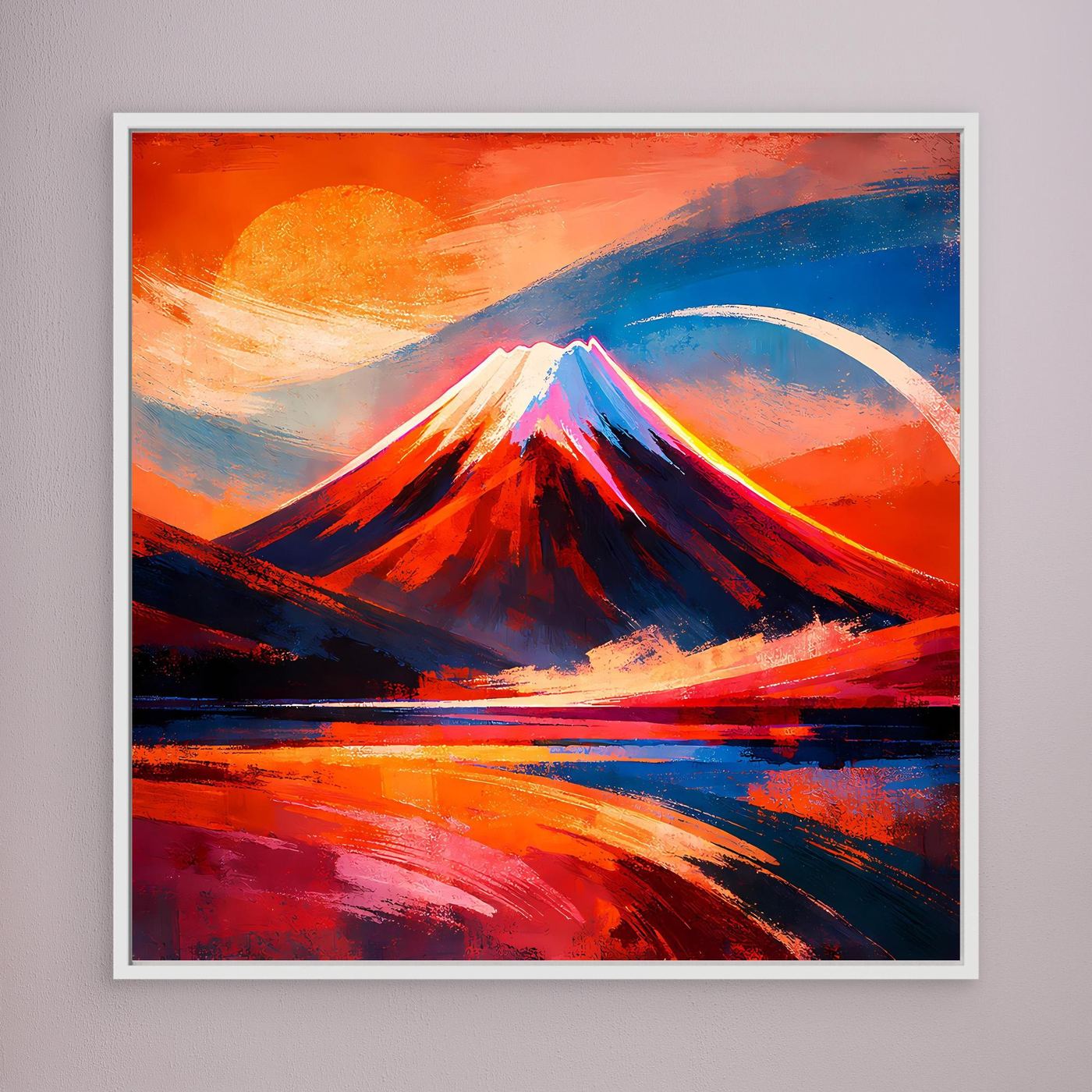 Gerahmtes Wandbild: abstrakter Berg im Sonnenuntergang, Rot-Blau, weißer Rahmen