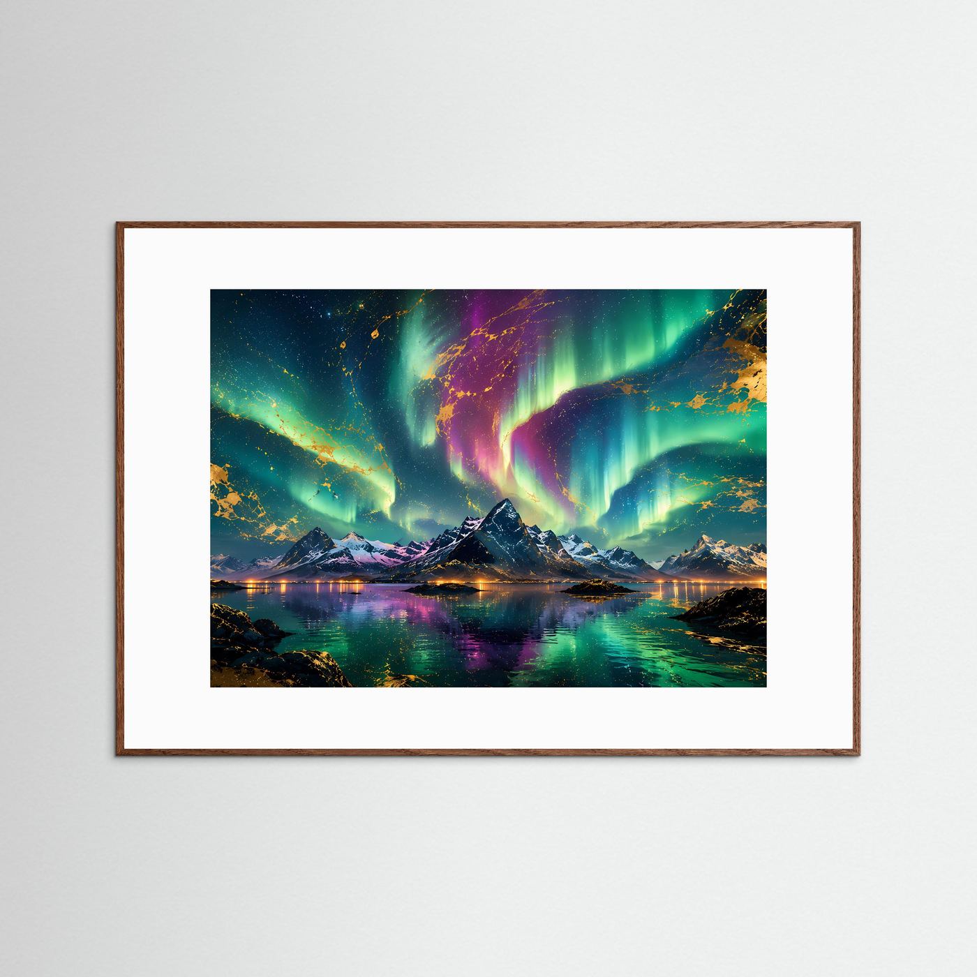 Nordlichter Poster | Aurora Borealis über Bergen | Abstrakte Landschaftskunst mit Gold | Polarlichter Wandbild | Premium Leinwand & Moderne Wall Art