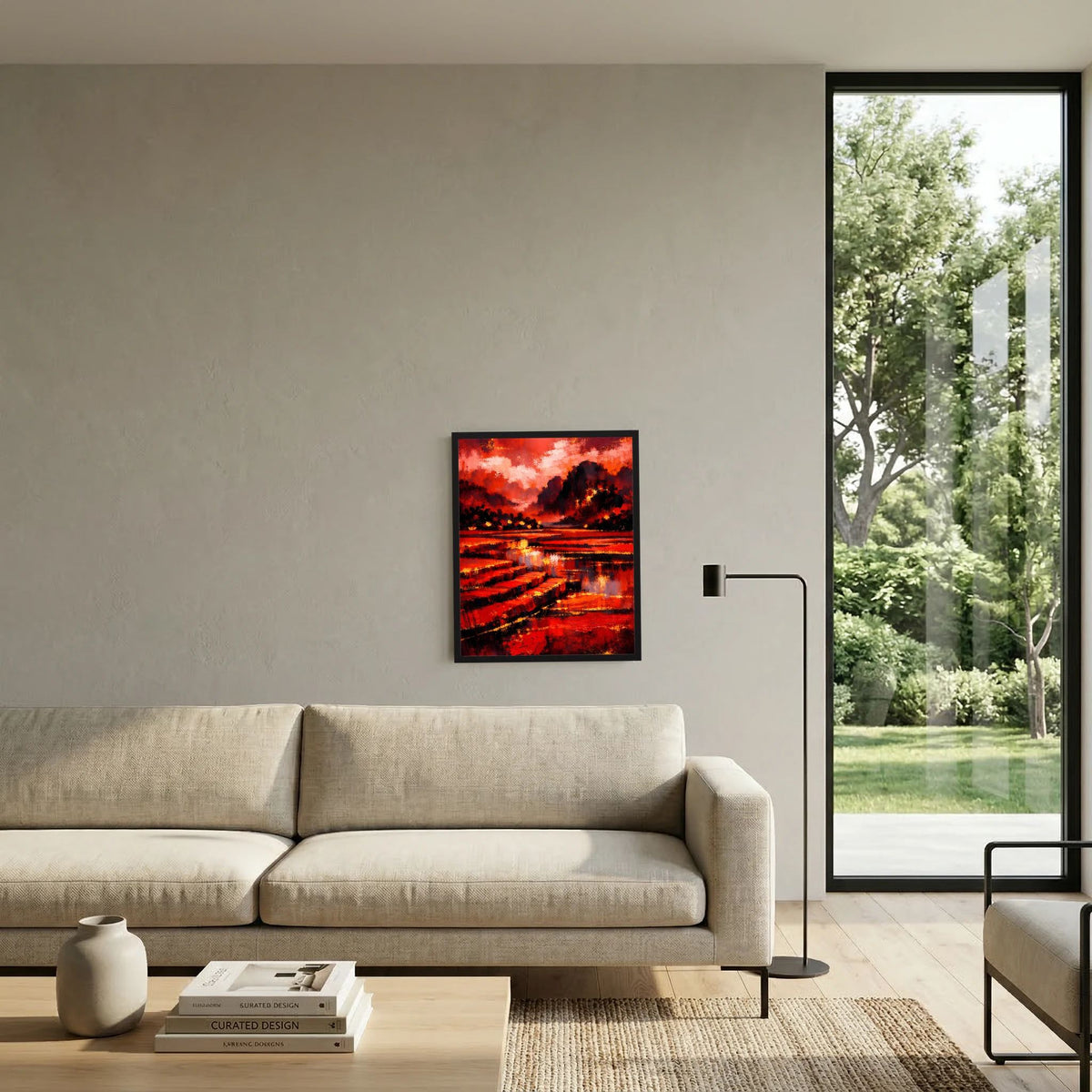 Gerahmtes Kunstposter mit Rot-Schwarz-Landschaft, dunklen Bergsilhouetten und Reflexionen