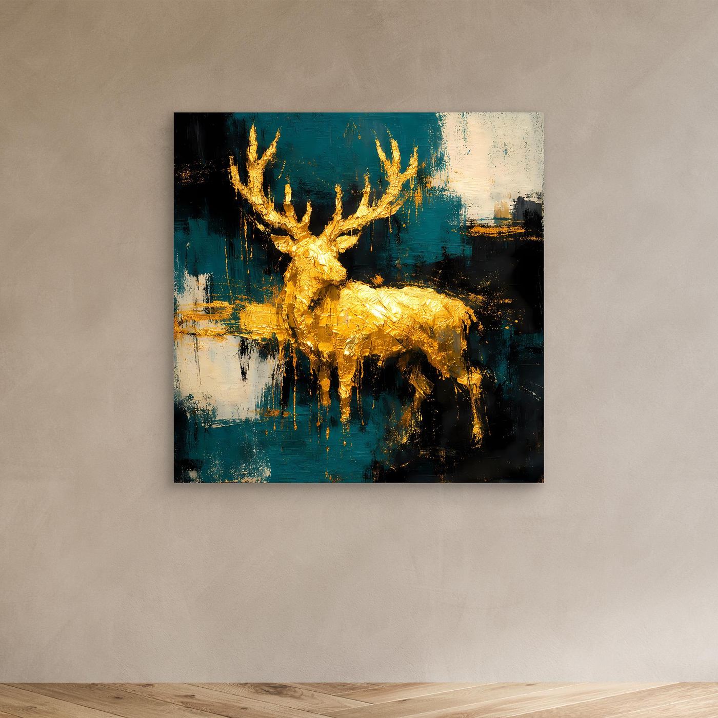 Leinwand Goldener Hirsch in abstrakter Landschaft | Modernes Edel-Tier Wandbild