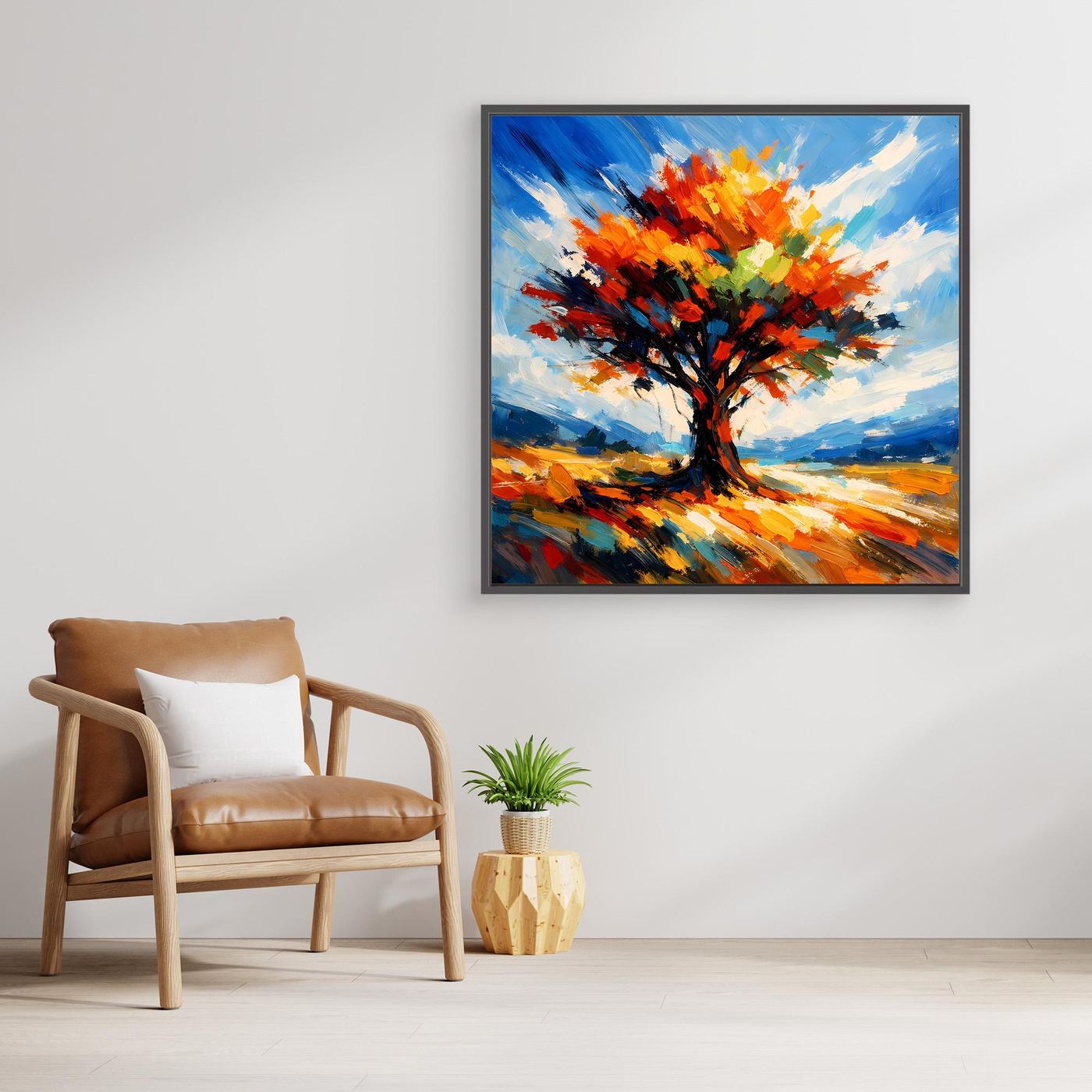 Leinwandbild eines bunten Herbstbaums mit leuchtender Krone, Pinseloptik, quadratisch, schwarzer Rahmen