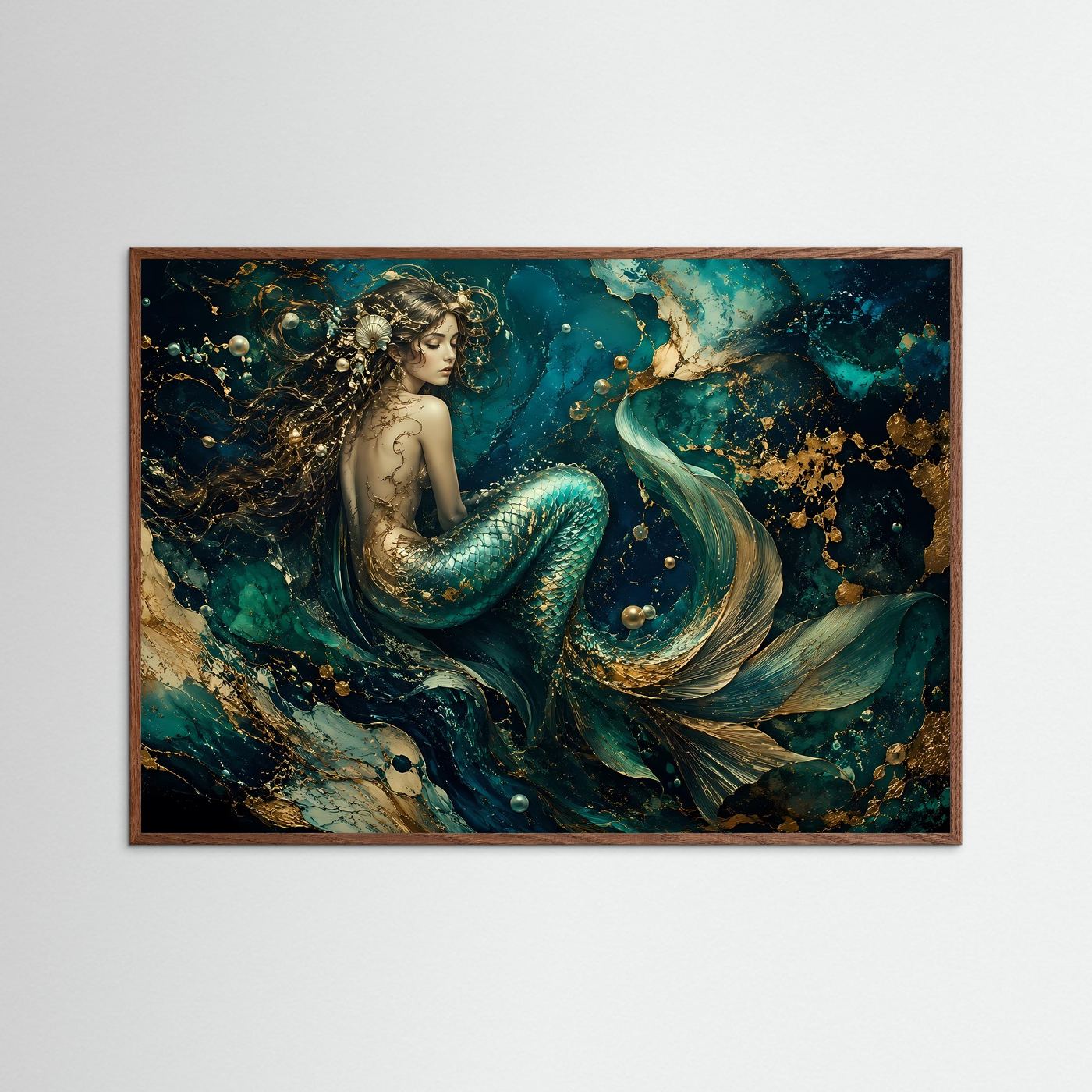 Mystische Meerjungfrau in Türkis & Gold | Luxuriöse Unterwasser Fantasy Kunst – Poster Querformat