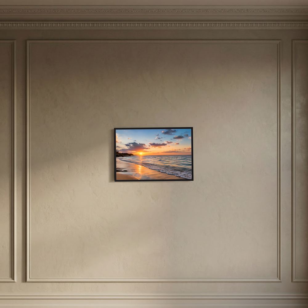 Wandposter Querformat: Strand bei Sonnenuntergang im dunklen Rahmen in klassischem Panel