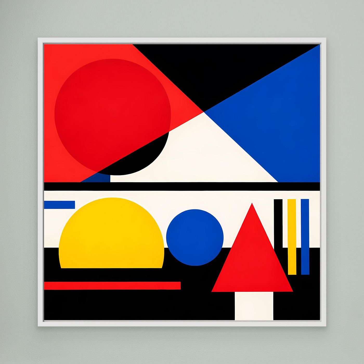 Leinwandbild mit geometrischer Abstraktion in Rot, Blau und Schwarz, silberner Rahmen