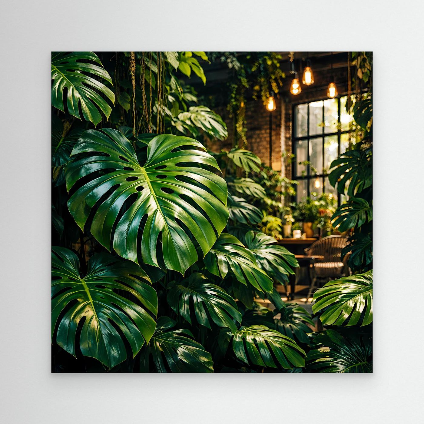 Leinwandbild mit grünen Monstera- und Dschungelblättern, warmes Licht im Hintergrund