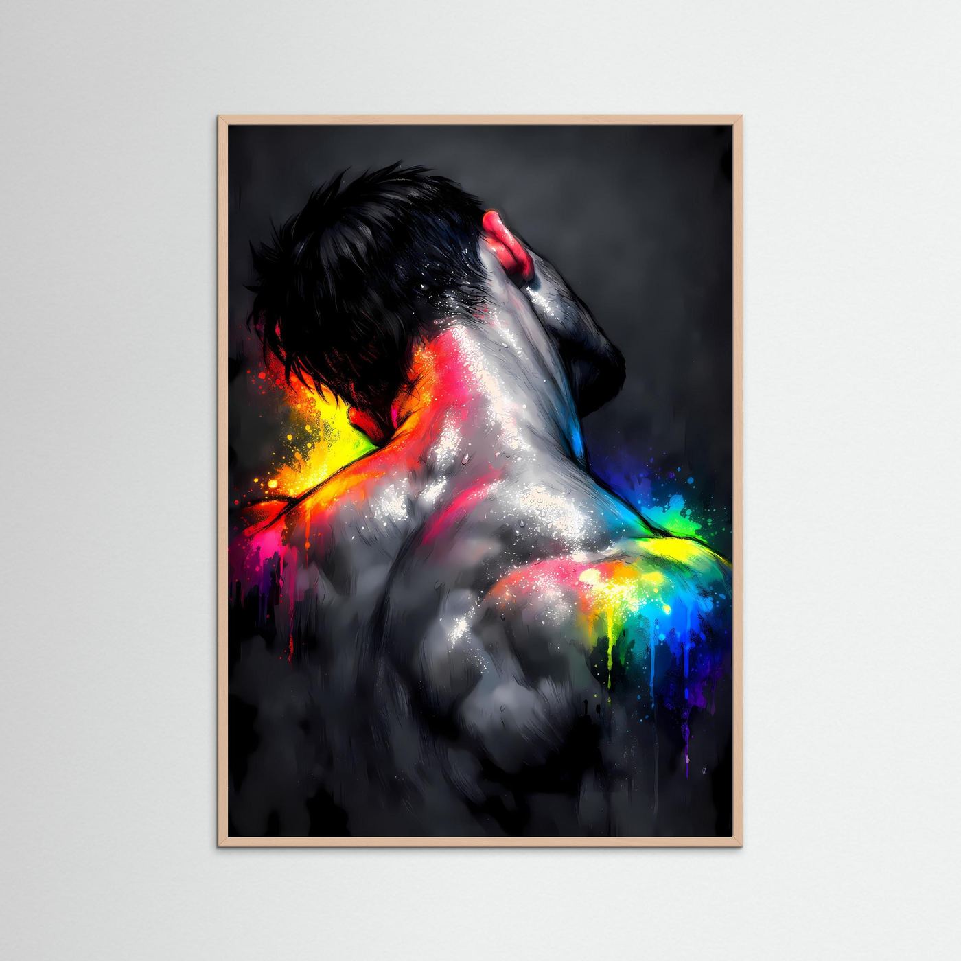 The Neon Back | Luxuriöses Mann Rückenakt Poster Bunt & Dunkel | Abstraktes Body Art Kunstposter Hochformat