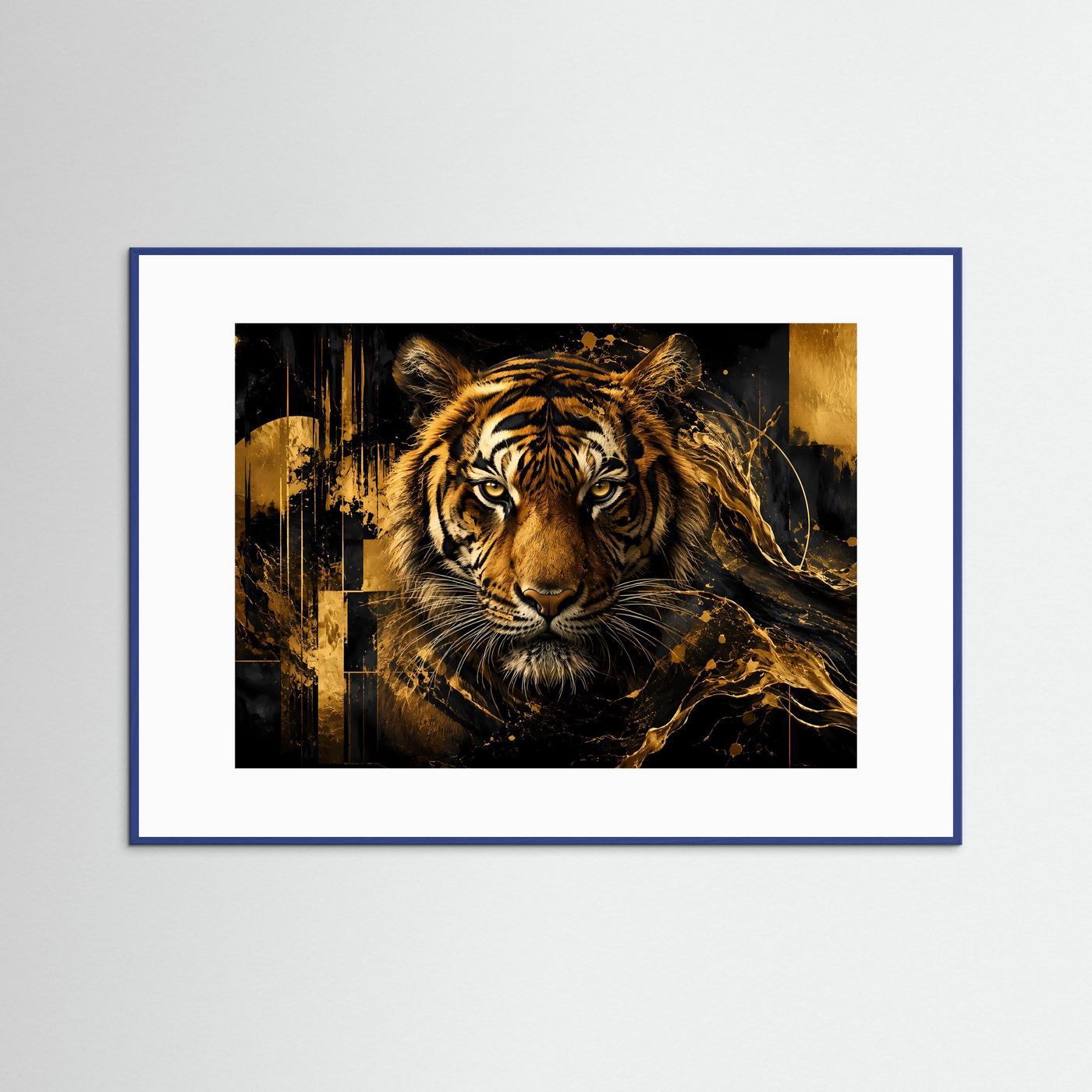 Tiger-Poster im Querformat: goldener Raubtierkopf, dunkle Urban-Grafik, blauer Rahmen