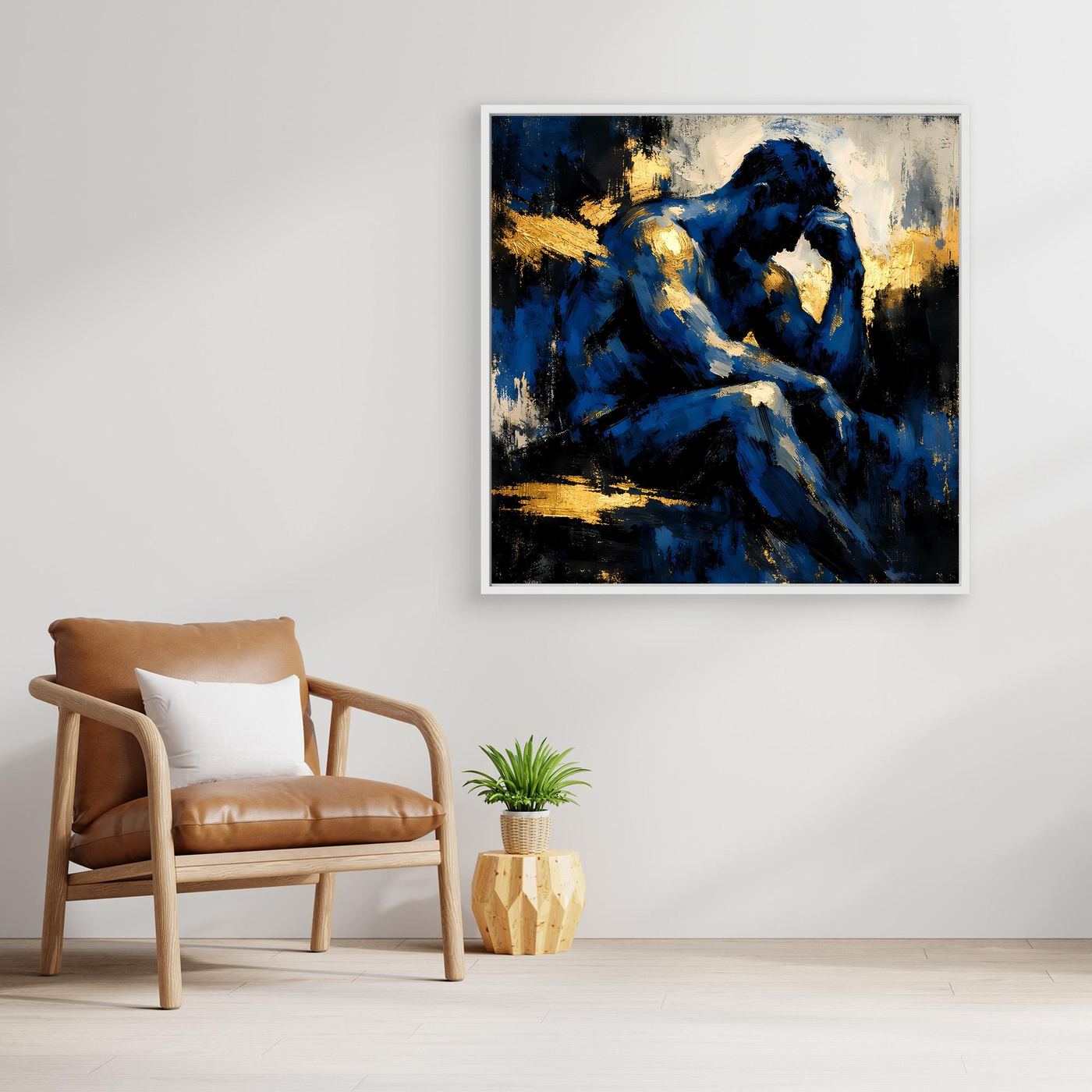 Leinwand Der Denker in Blau | Abstraktes Männersilhouette Wandbild Gold