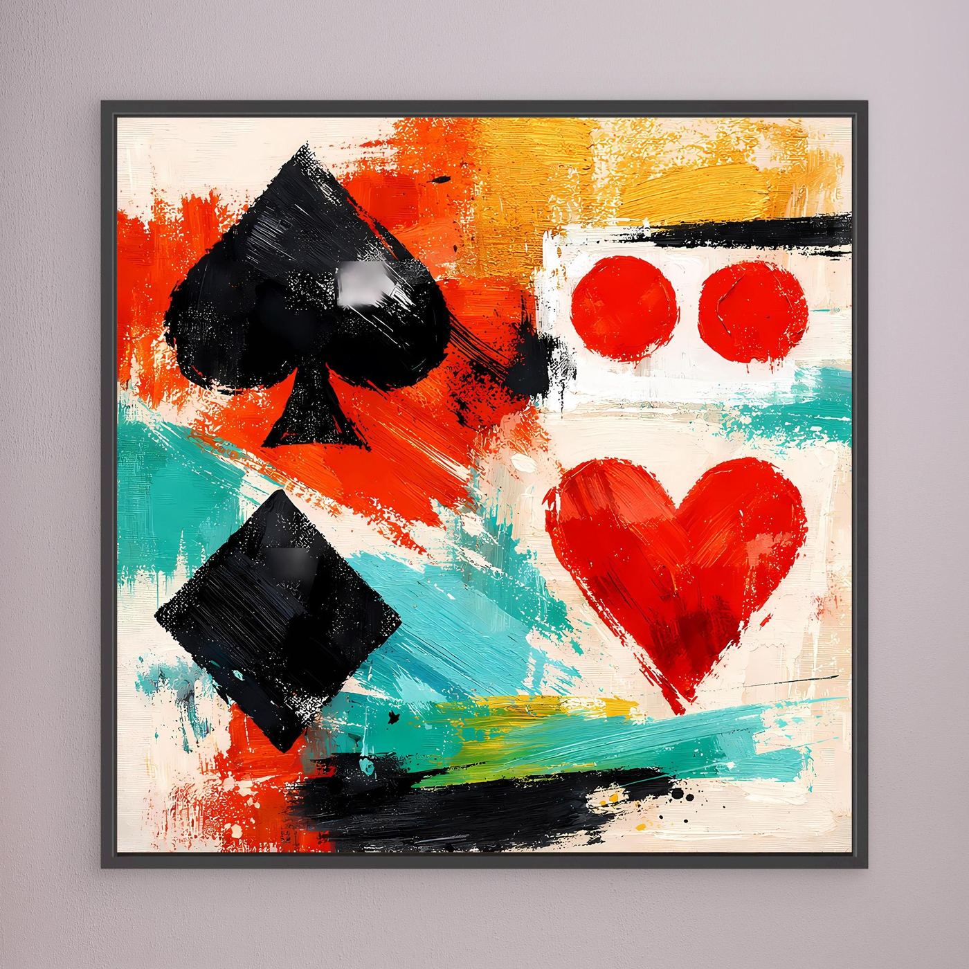 Abstract canvas wall art with black spade and diamond, teal strokes, red hearts; dark frame
