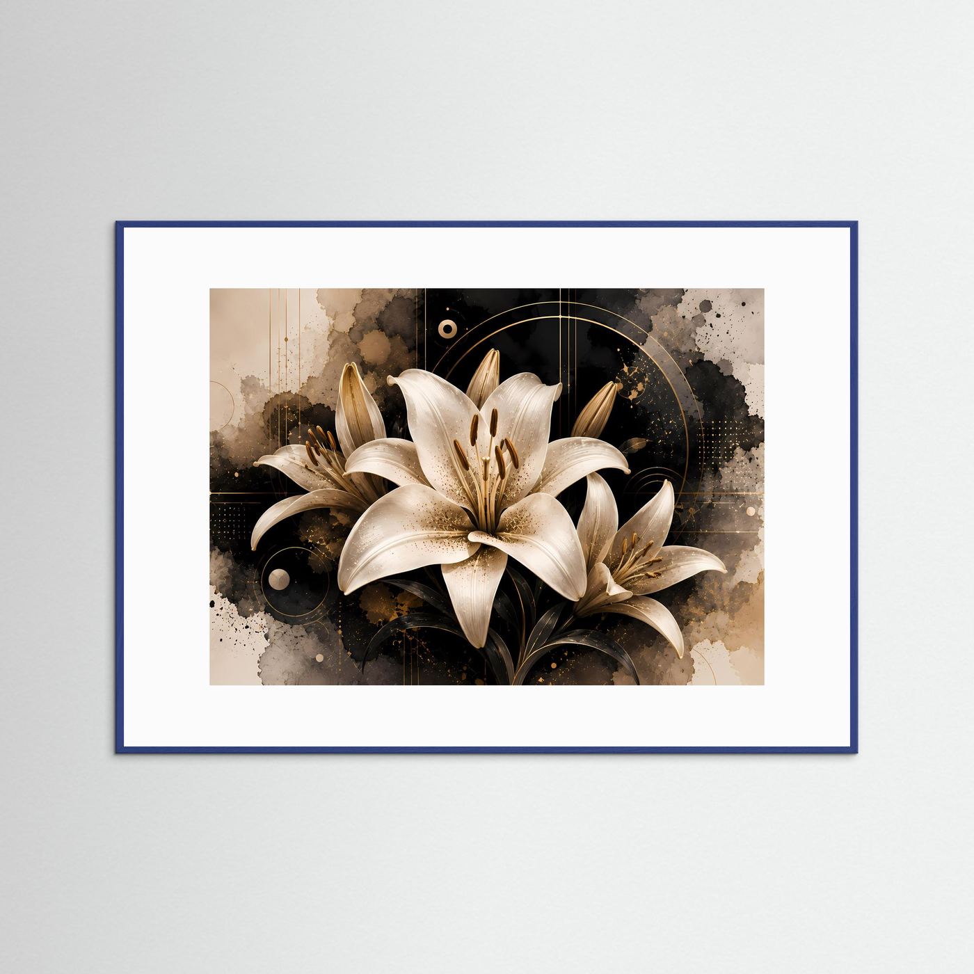 Poster im Querformat mit weißen Lilienblüten, schwarzem Hintergrunddesign, blau gerahmt