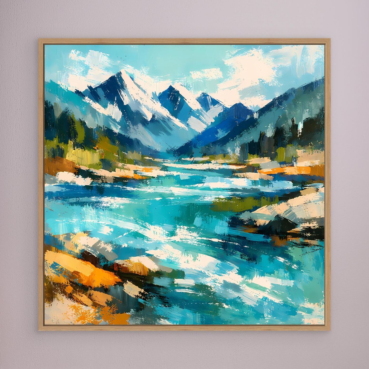 Leinwand-Wandbild mit abstrakter Alpenlandschaft am Fluss, goldbrauner Holzrahmen