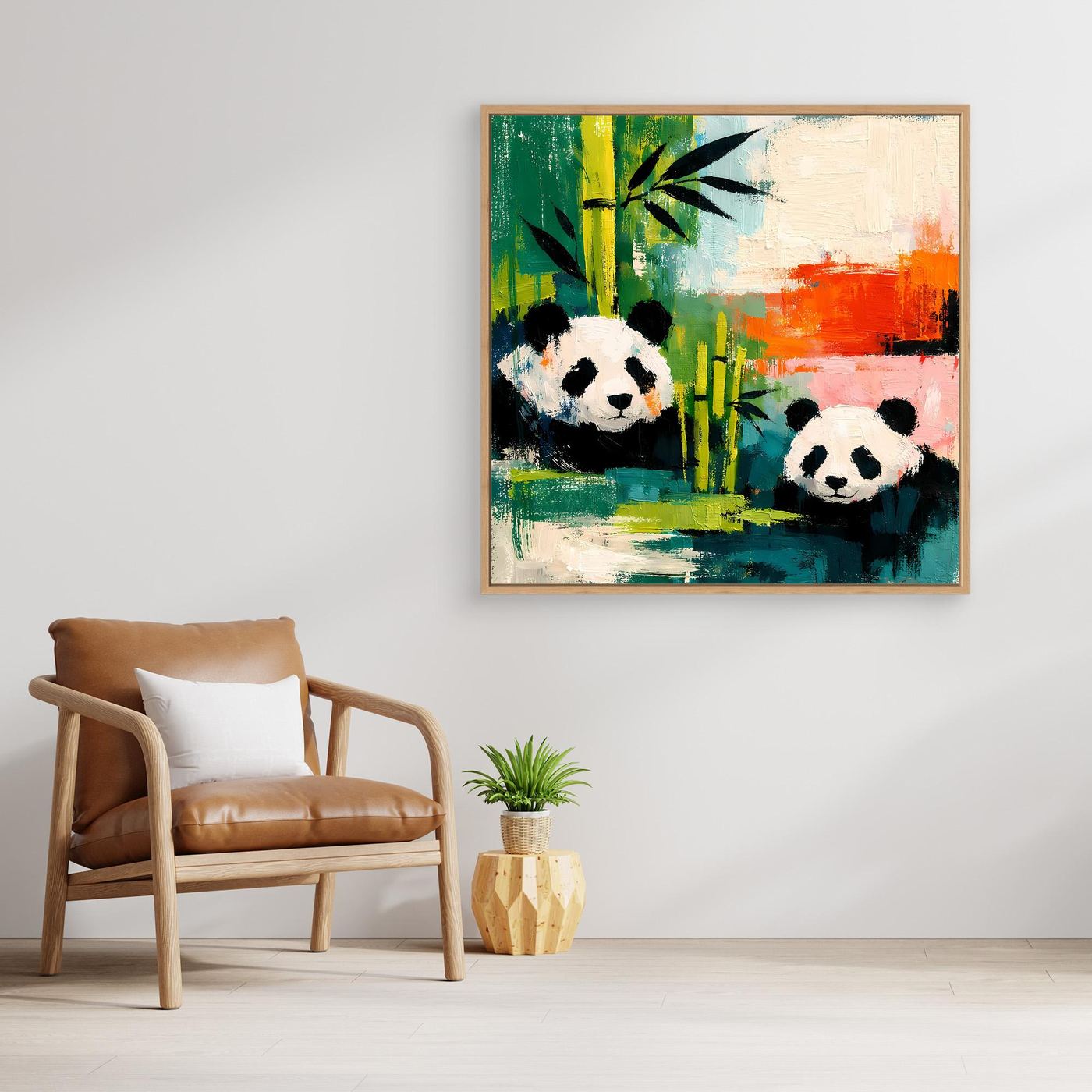 Abstract panda wall art with two pandas in bamboo, oak wood frame.