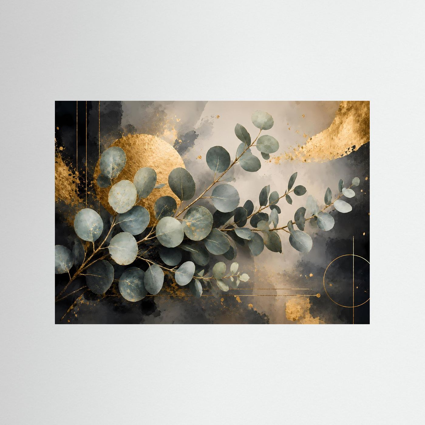 Eukalyptus-Botanikposter im Querformat mit schwarz-goldener Farbakzentierung