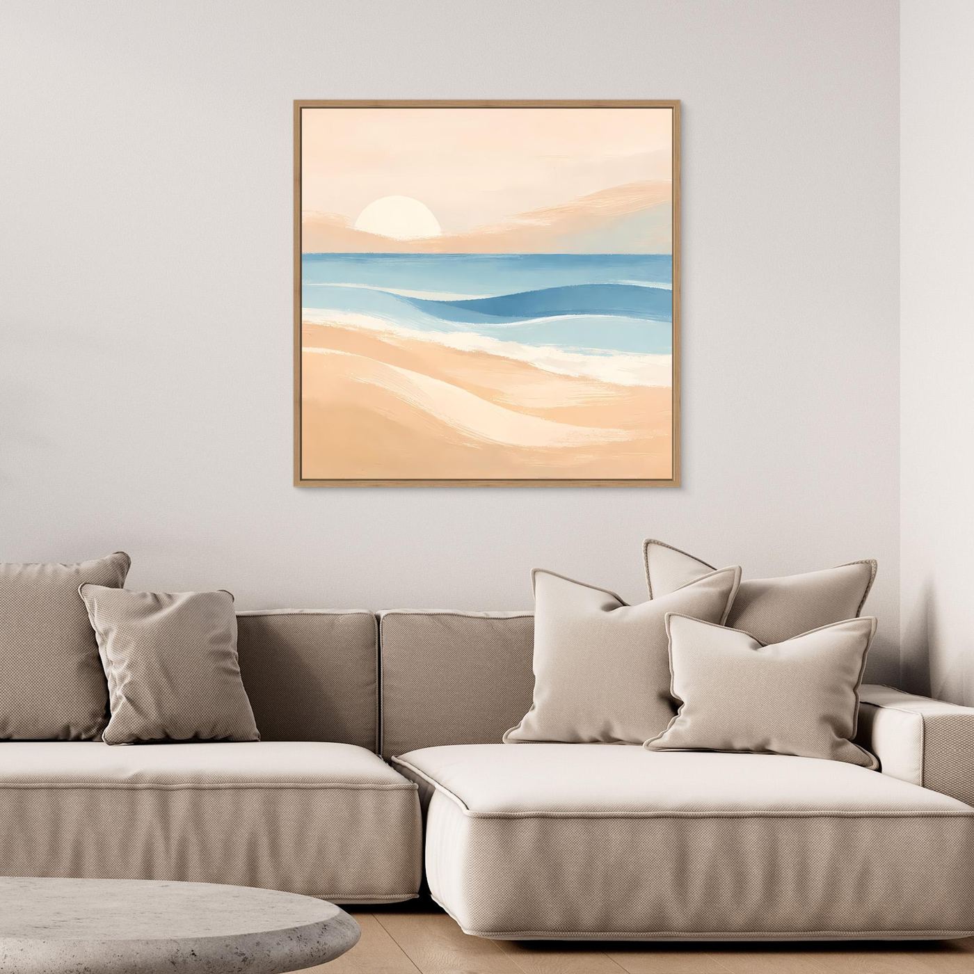 Leinwandbild Strand-Sonnenuntergang, abstraktes Meer, Pastellfarben mit hellem Holzrahmen