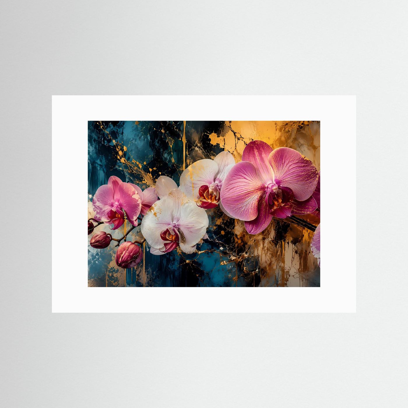 Orchideen Poster Querformat | Elegante Blumen Wandkunst in Rosa, Weiß & Gold | Modernes Floral Wandbild