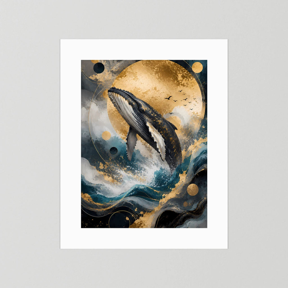 Buckelwal-Kunstposter im Hochformat mit weißem Passepartout, Mond über Wellen