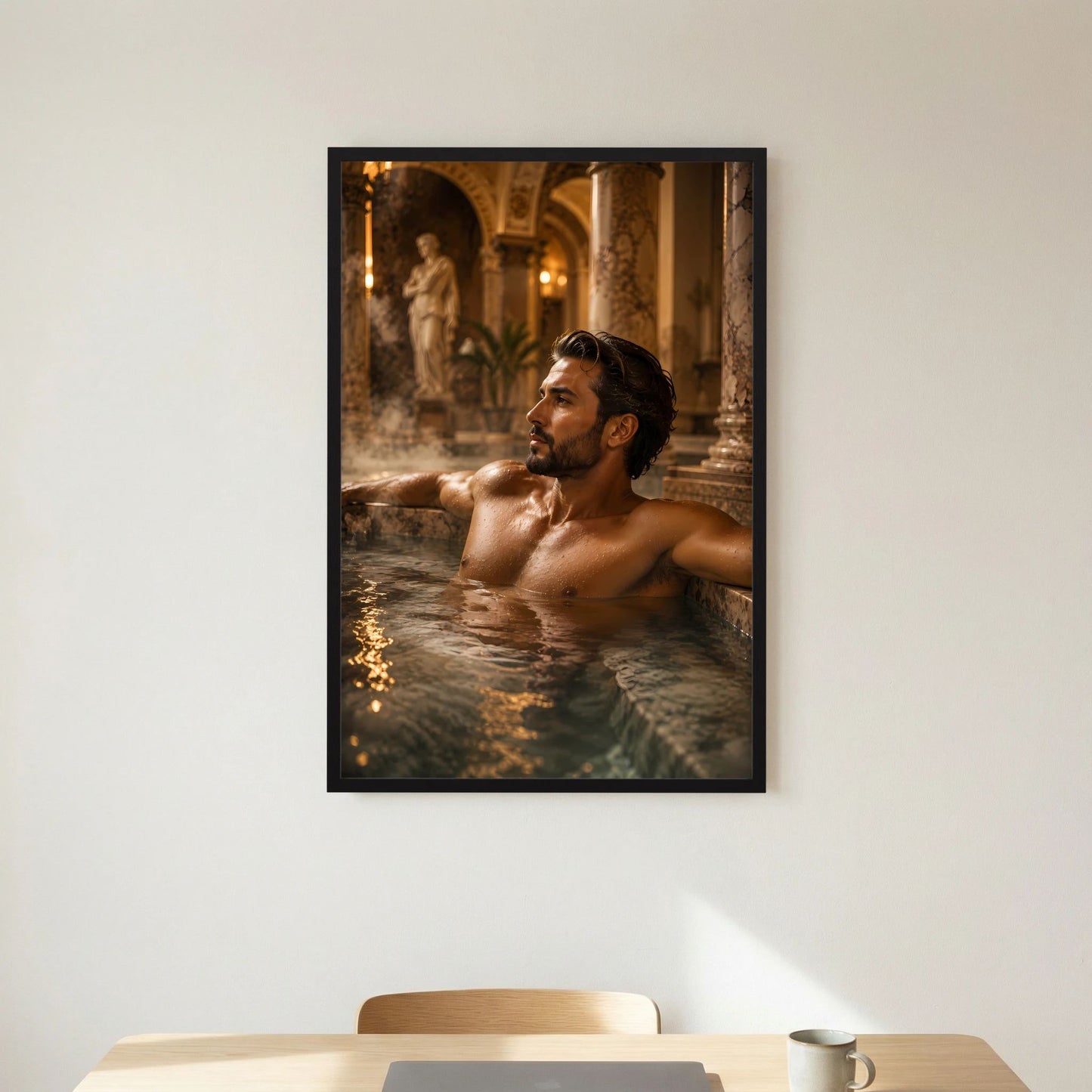 Gerahmtes Poster mit schwarzem Rahmen: Mann im Thermalbad, Kopf und Brust im Fokus