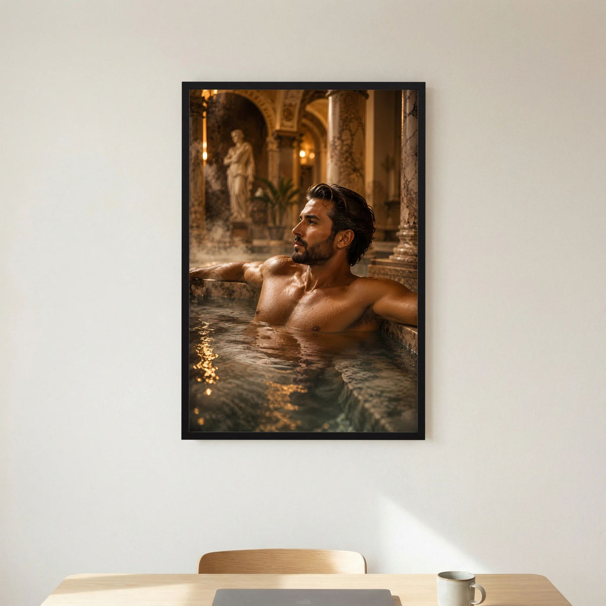 Gerahmtes Poster mit schwarzem Rahmen: Mann im Thermalbad, Kopf und Brust im Fokus