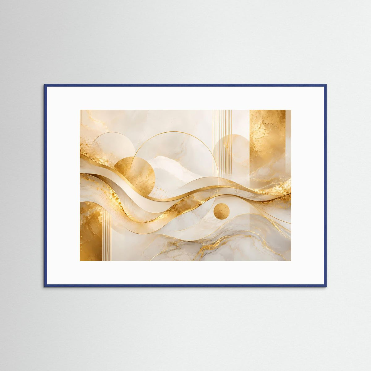 Gerahmtes Querformat-Poster mit abstrakten Wellen in Weiß, Creme und Gold, blauem Rahmen