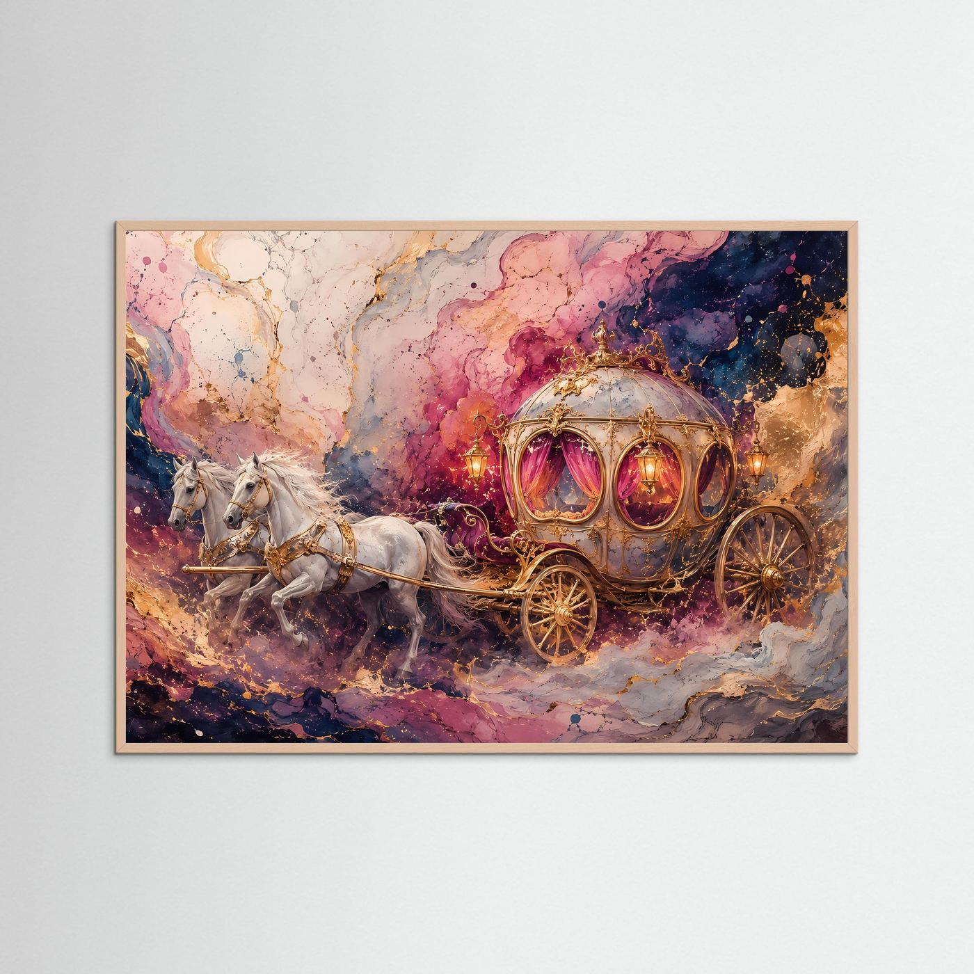 Märchenhafte Kutsche mit weißen Pferden | Fantasy Kunst in Rosa & Gold