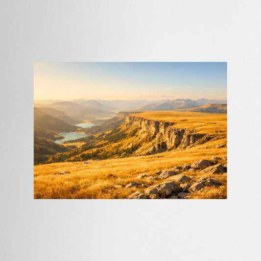 Poster im Querformat: Berg- und Seenlandschaft mit goldenen Hängen, ohne Rahmen