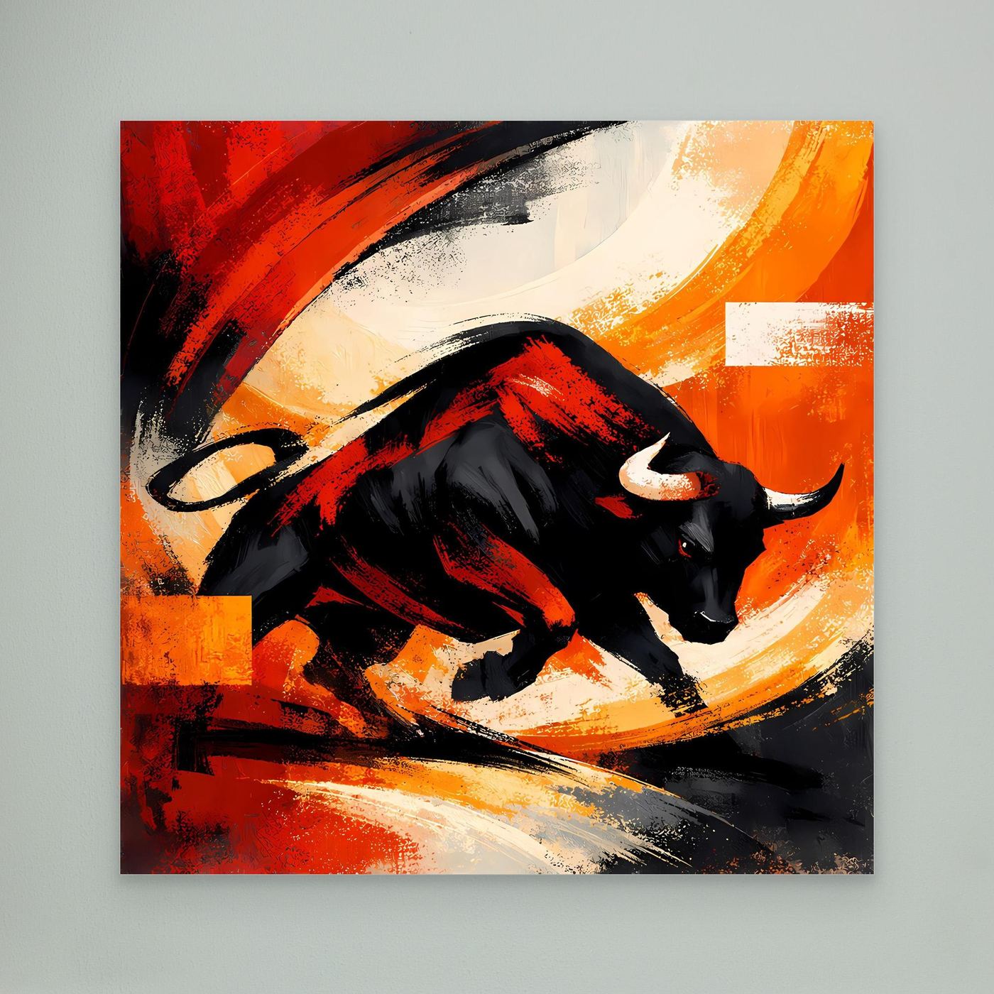 Abstraktes Leinwandbild mit schwarzem Stier, feurige Rot- und Orangetöne, kraftvolle Pinselstriche