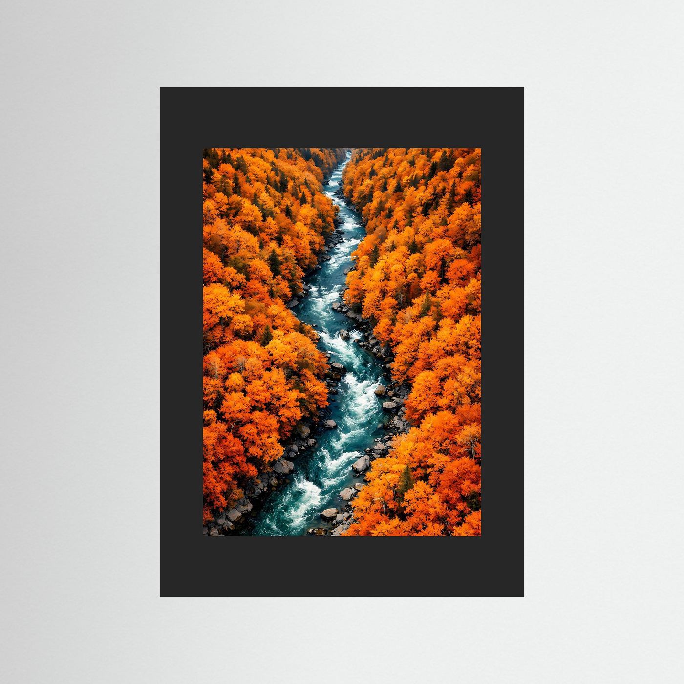 Herbst-Wandbild mit Fluss im orangefarbenen Wald, schwarzer Passepartout