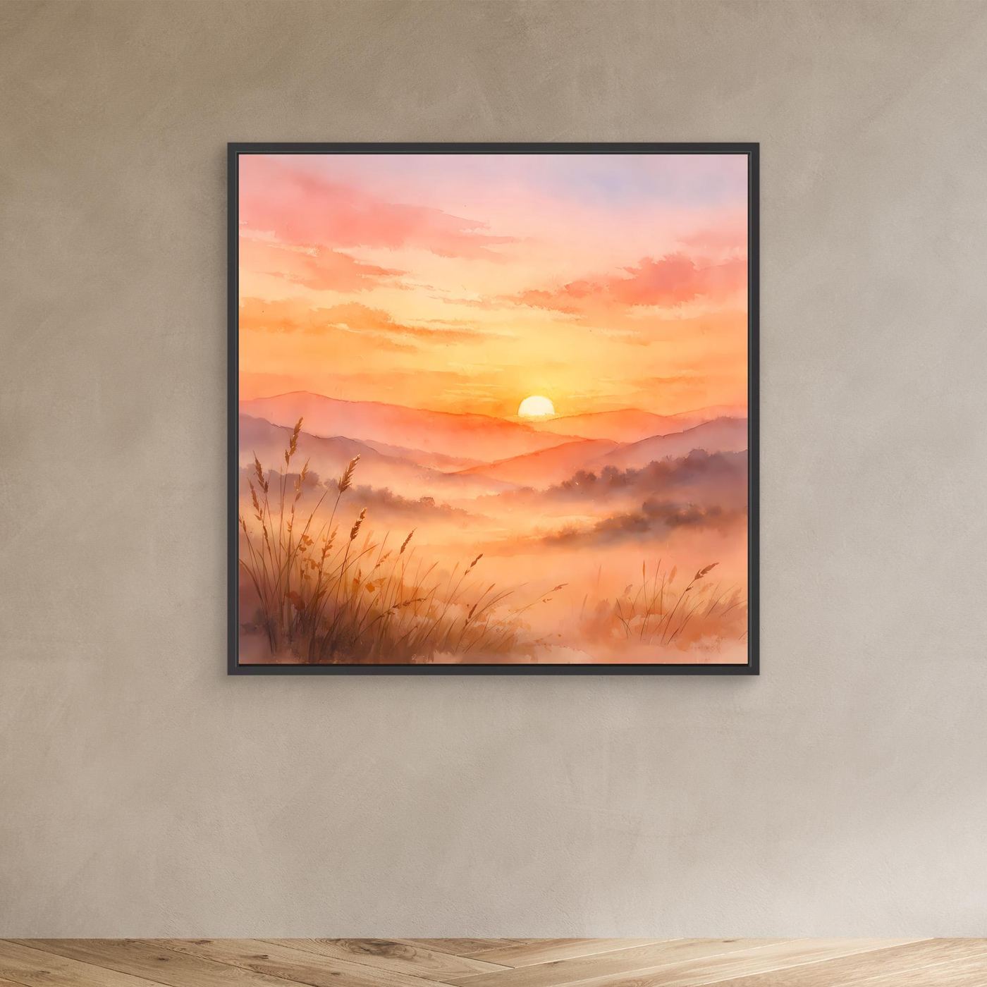 Leinwandbild Sonnenuntergang in den Bergen mit Nebel und Gräsern; schwarzer Rahmen