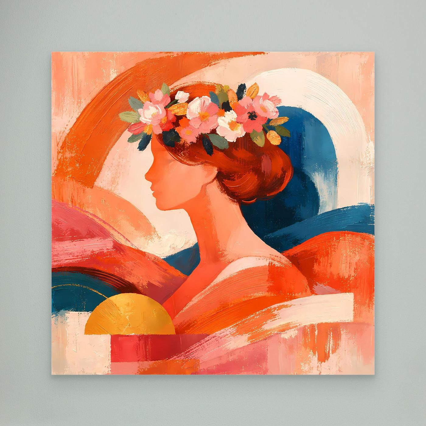 Leinwandbild, abstraktes Frauenporträt im Profil mit Blumen im Haar, warmes Orange/Blau.