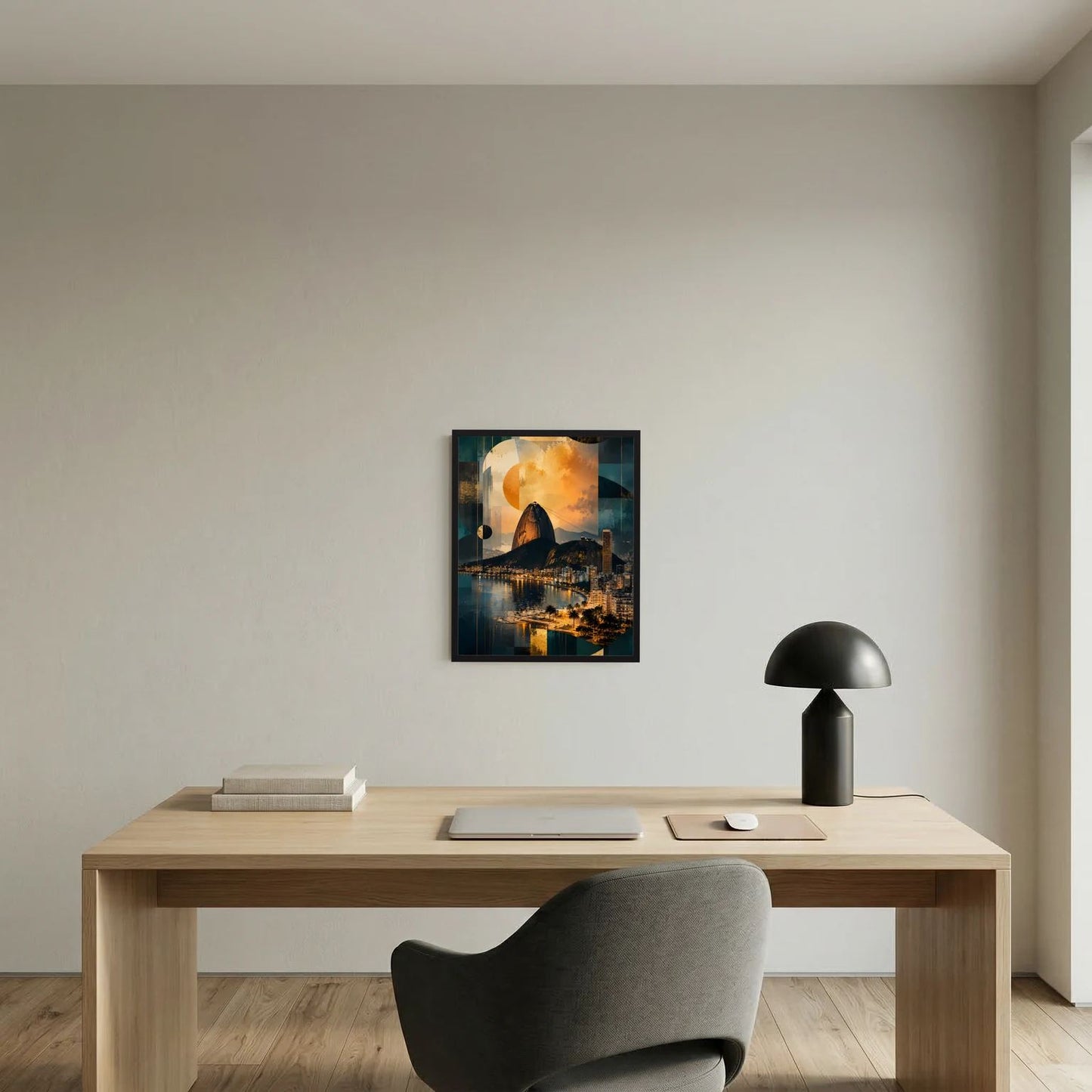 Hochformatiges Poster mit dunklem Rahmen: abstrakte Rio-Skyline in Petrol und Gold