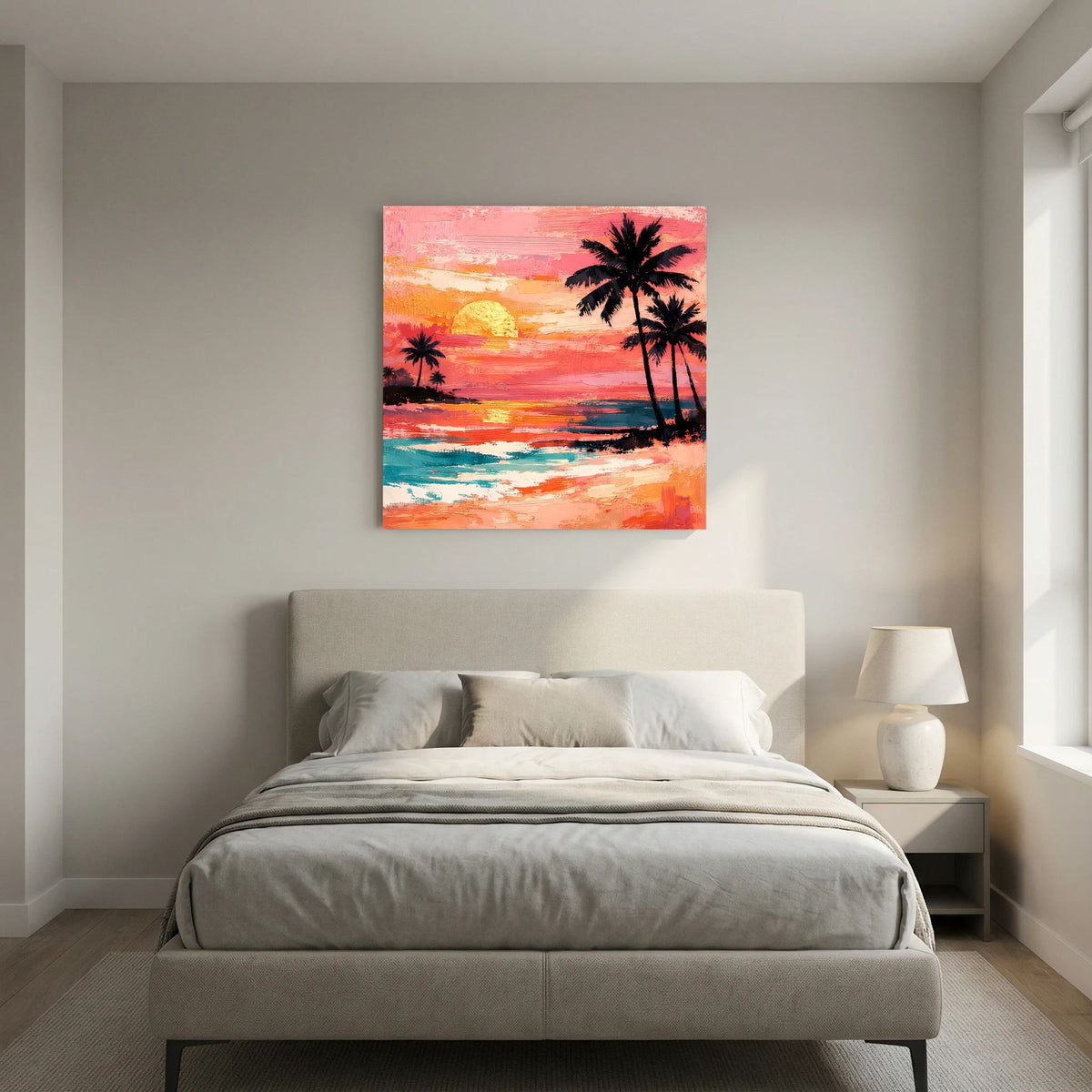 Leinwand-Wandbild mit Palmen am Sonnenuntergangsmeer in warmen Terrakotta- und Blautönen.