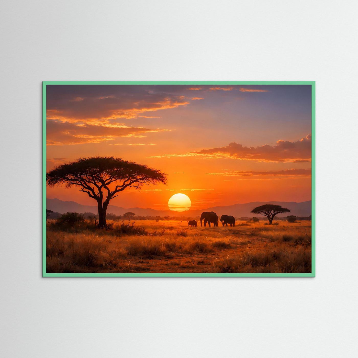 Afrika-Savannenposter mit Elefantenherde und Sonne im Sonnenuntergang, türkisfarbener Rahmen