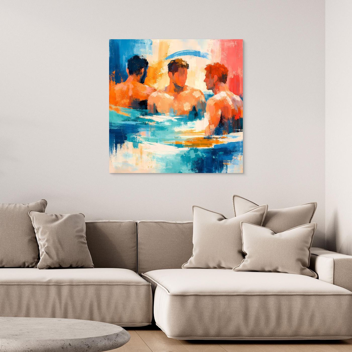 Abstract canvas wall art: swimmers in blue and orange water, no visible frame
