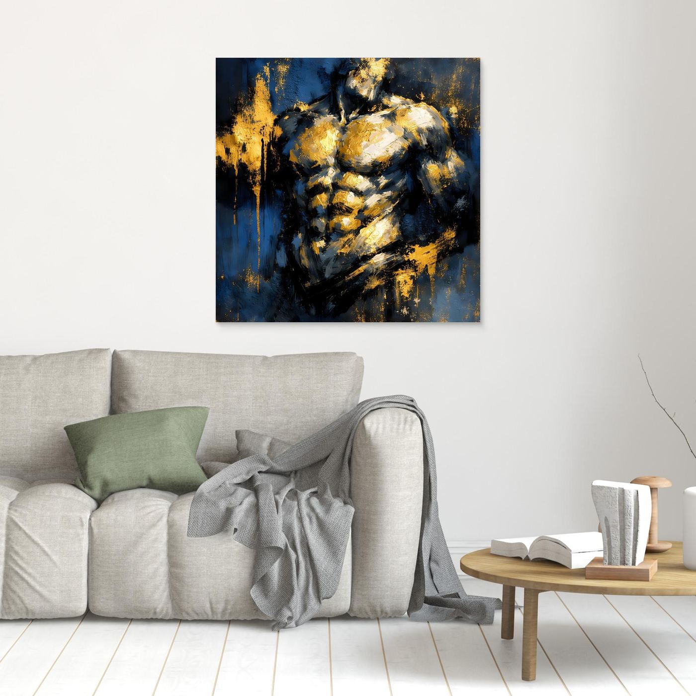 Leinwand Kraftvoller Männlicher Torso in Gold und Blau | Abstraktes Bodybuilding Wandbild