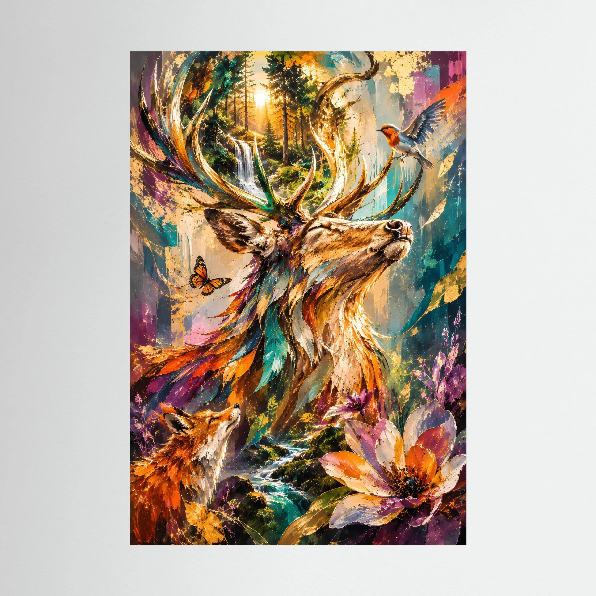 Unangeklebtes Hochformat-Poster mit Hirschkopf, Geweih, Vogel und bunten Blüten
