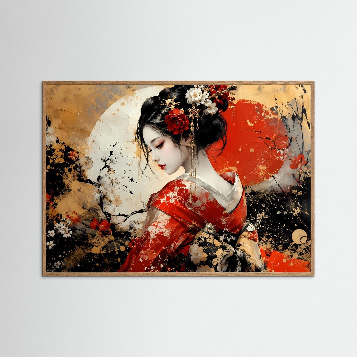 Geisha Poster Rot Gold | Japanische Wandkunst | Abstraktes Geisha Bild | Asiatische Fine Art | Luxuriöses Leinwandbild | Moderne Wanddekoration