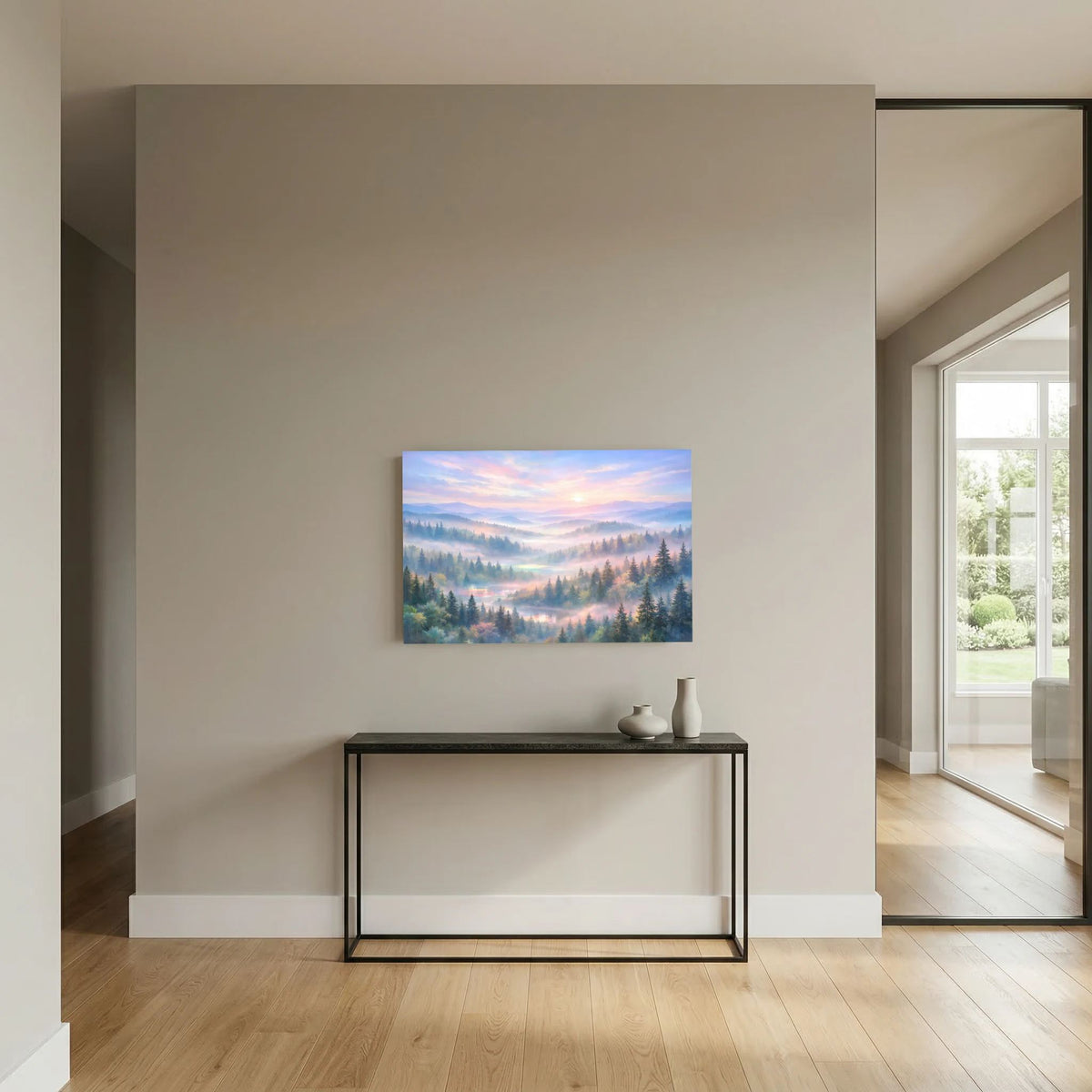 Horizontales Poster mit Waldlandschaft im Morgendunst und leuchtender Himmelsszene