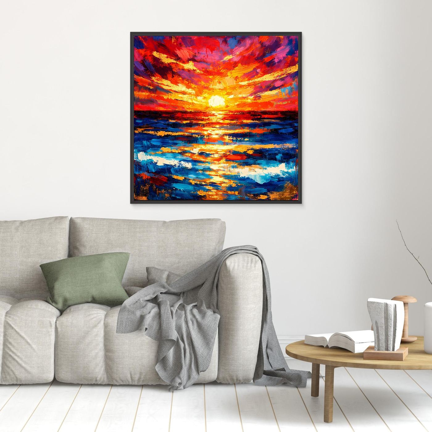 Leinwandbild mit abstrahiertem Sonnenuntergang über dem Meer, leuchtender Himmel, schwarzer Rahmen.