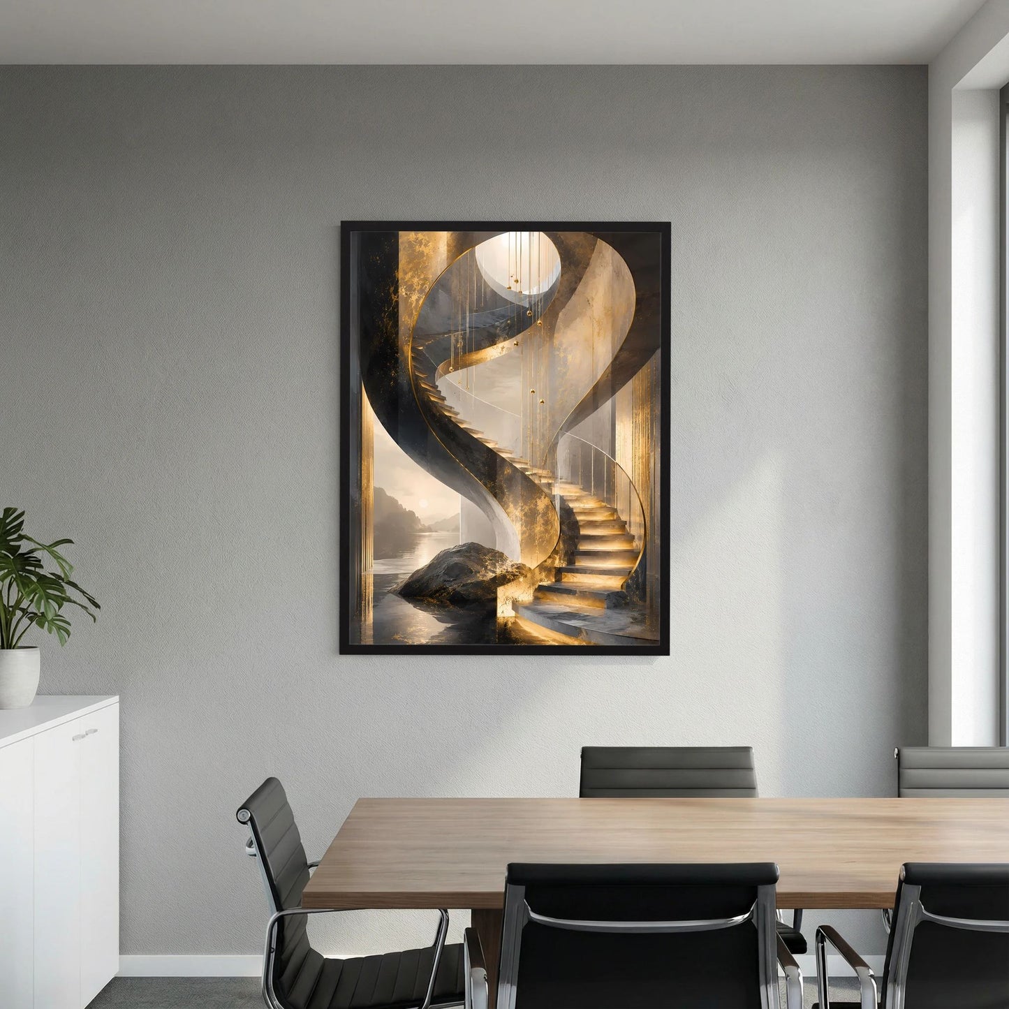 Poster im Hochformat mit schwarzem Rahmen: goldene Spiraltreppe, zentral vor hellen Wänden.