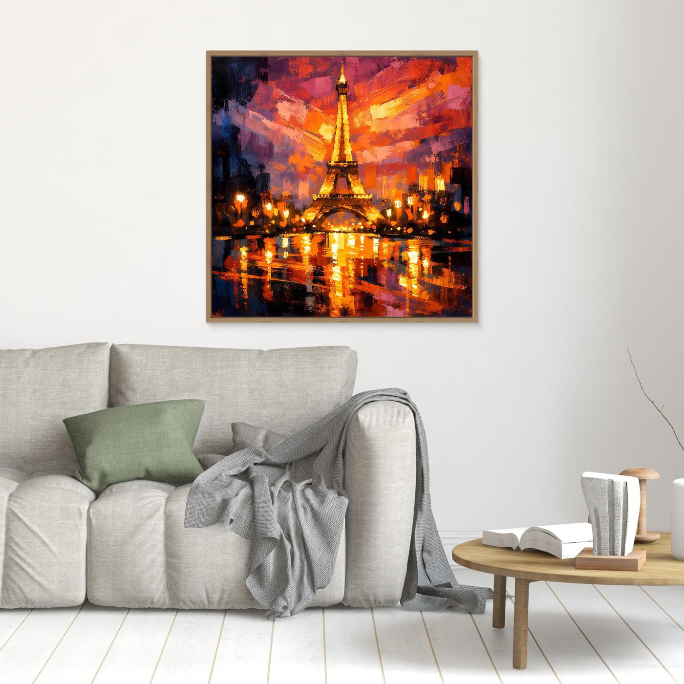 Leinwandbild mit Eiffelturm-Motiv, abstrakte Nachtlandschaft in Orange-Rot und Spiegelungen