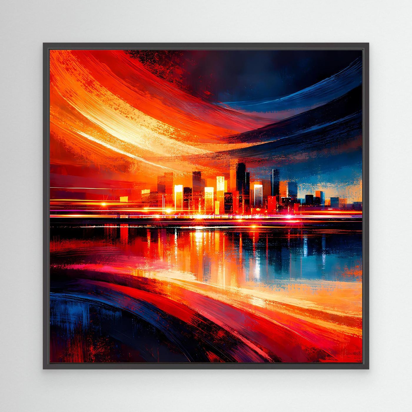 Abstraktes Skyline-Leinwandbild mit schwarzem Rahmen, starke Lichtspuren in Rot und Dunkelblau