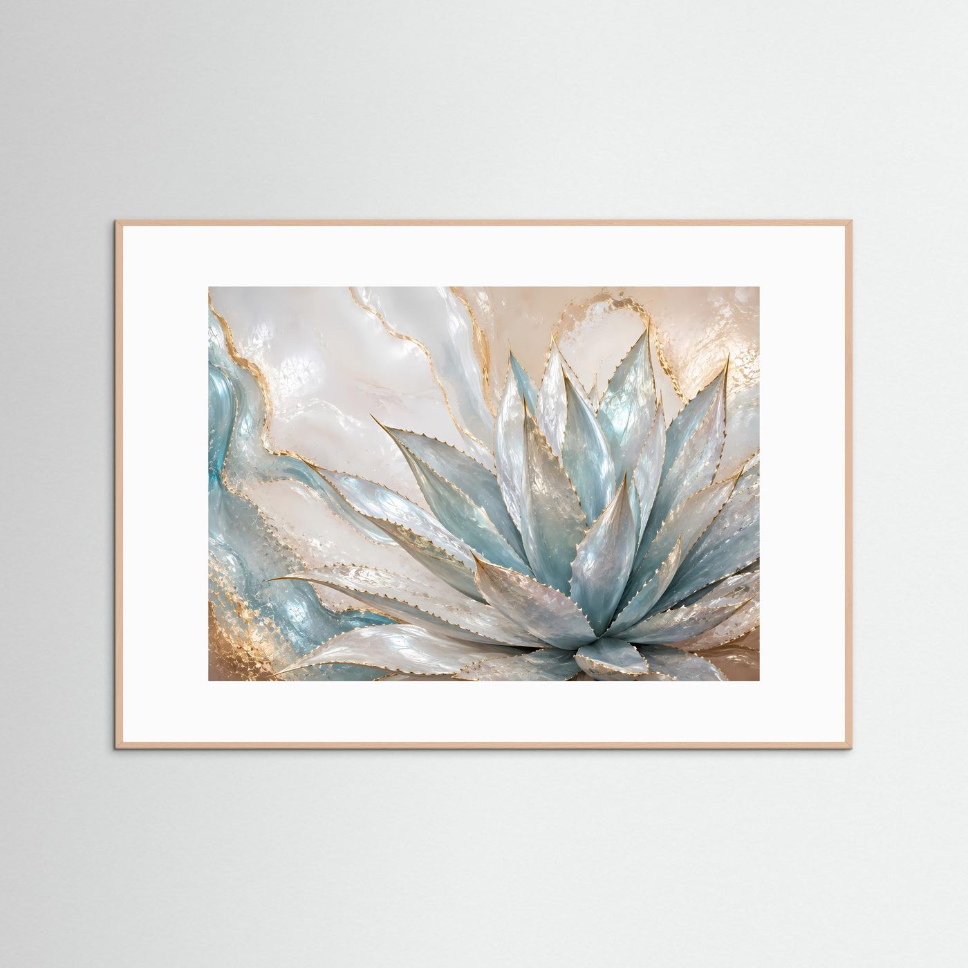 Poster mit abstrakter Agave in Blau, mit hellem Holzrahmen und weißem Passepartout